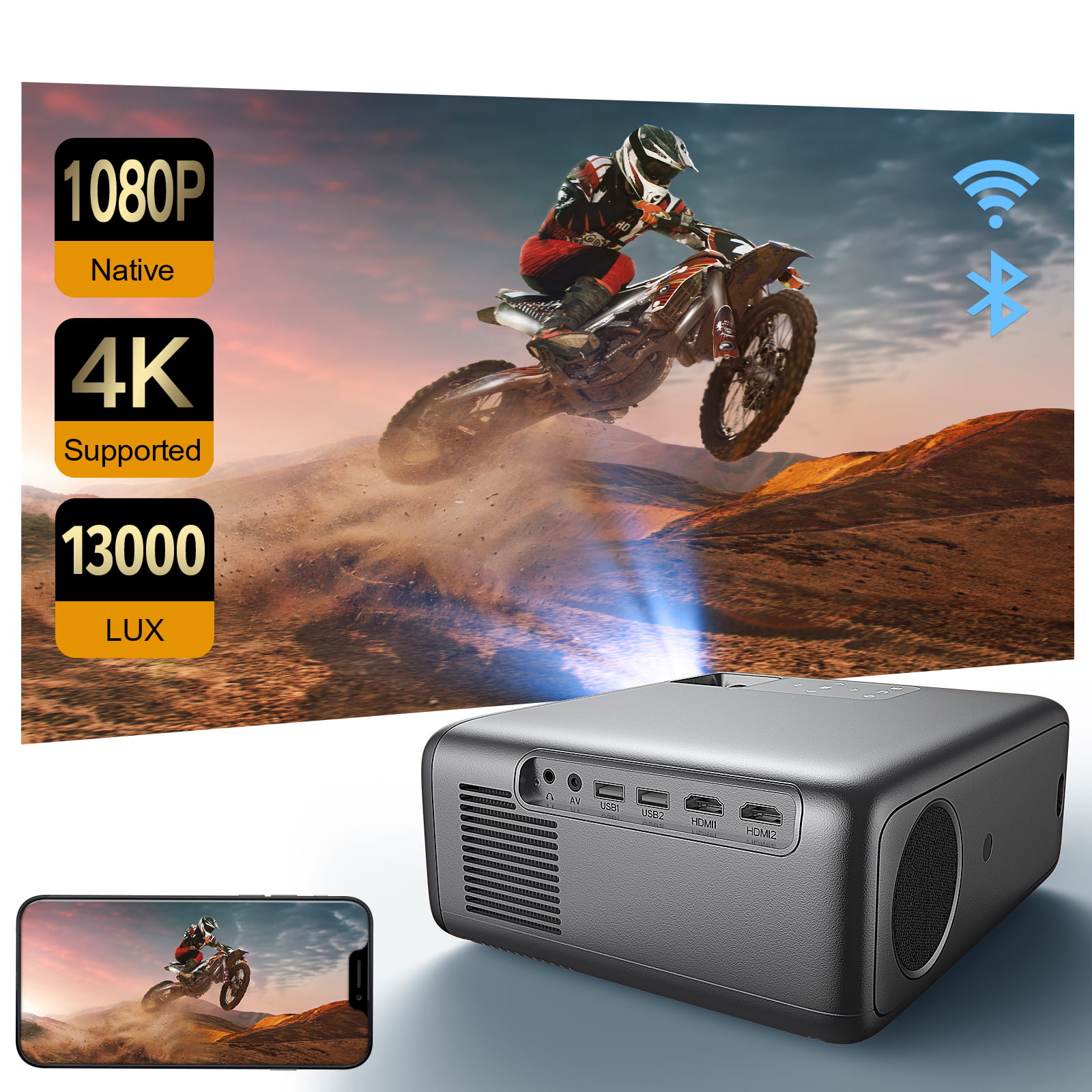 HD 1080P 8500L Home Outdoor Support 4K Movie Video Projector Max 300 Display WeChip Portable Projector Compatible with HDMI,VGA,Laptop,iOS & Android Smartphone Projector with 5G WiFi and Bluetooth 