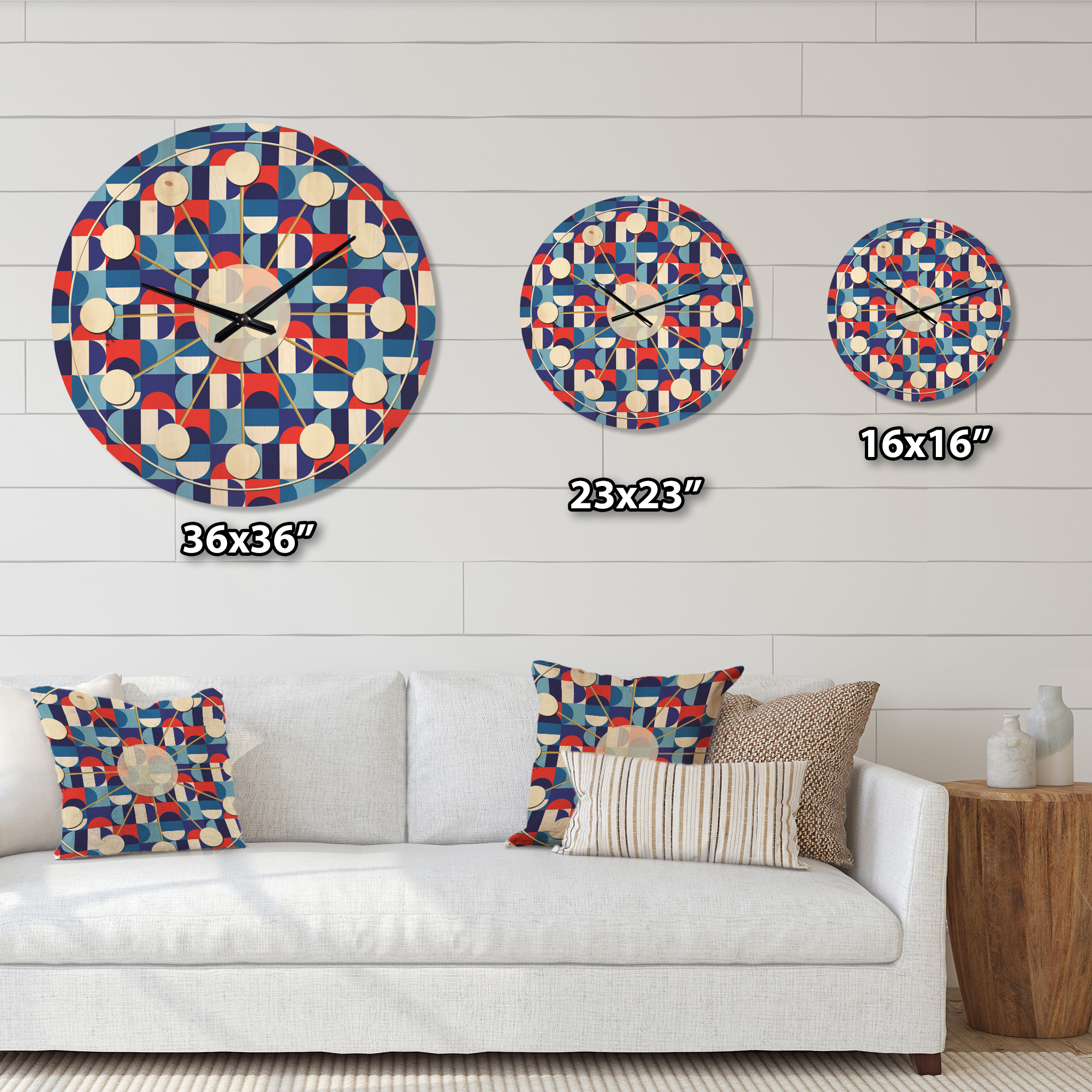 Designart 'Red, Blue & White Polka Dots' Mid-Century Modern Wood Wall Clock