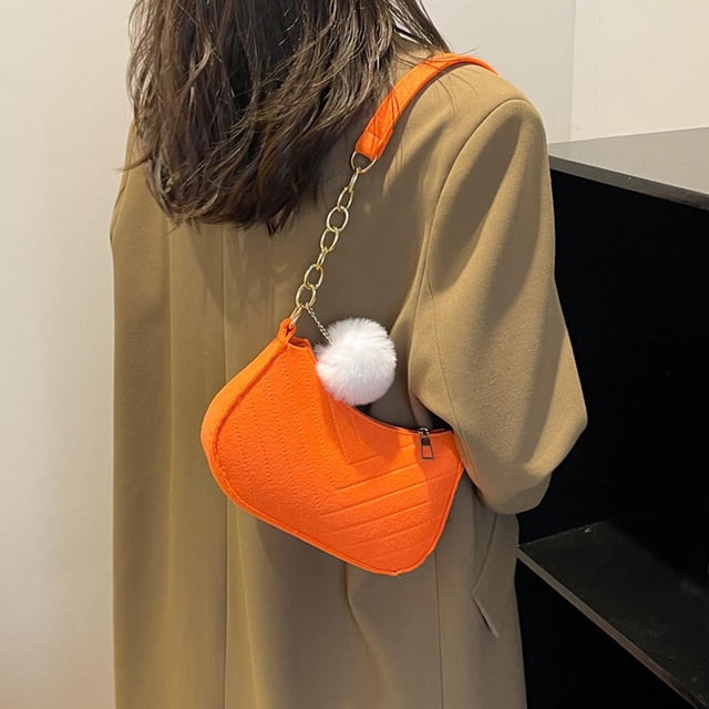 Felt Mini Square Bag with Pom Pom, 21x12x6.5cm Winter Crossbody Purse, Fashion Solid Color