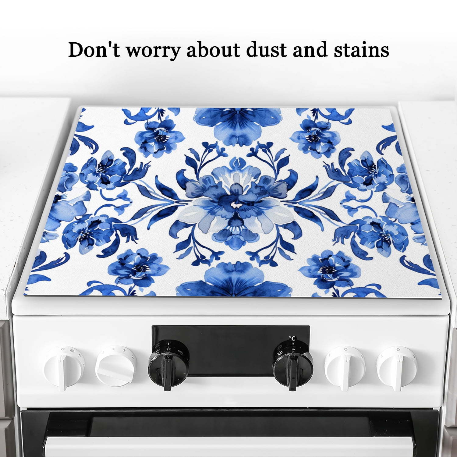 Cooktop Covers for Electric Glass Top, Blue And White Floral Centerpiece with Scrollwork Range Stovetop Protector, Square Foldable Stove Protector Mat for Kitchen RV (28×20 Inch)