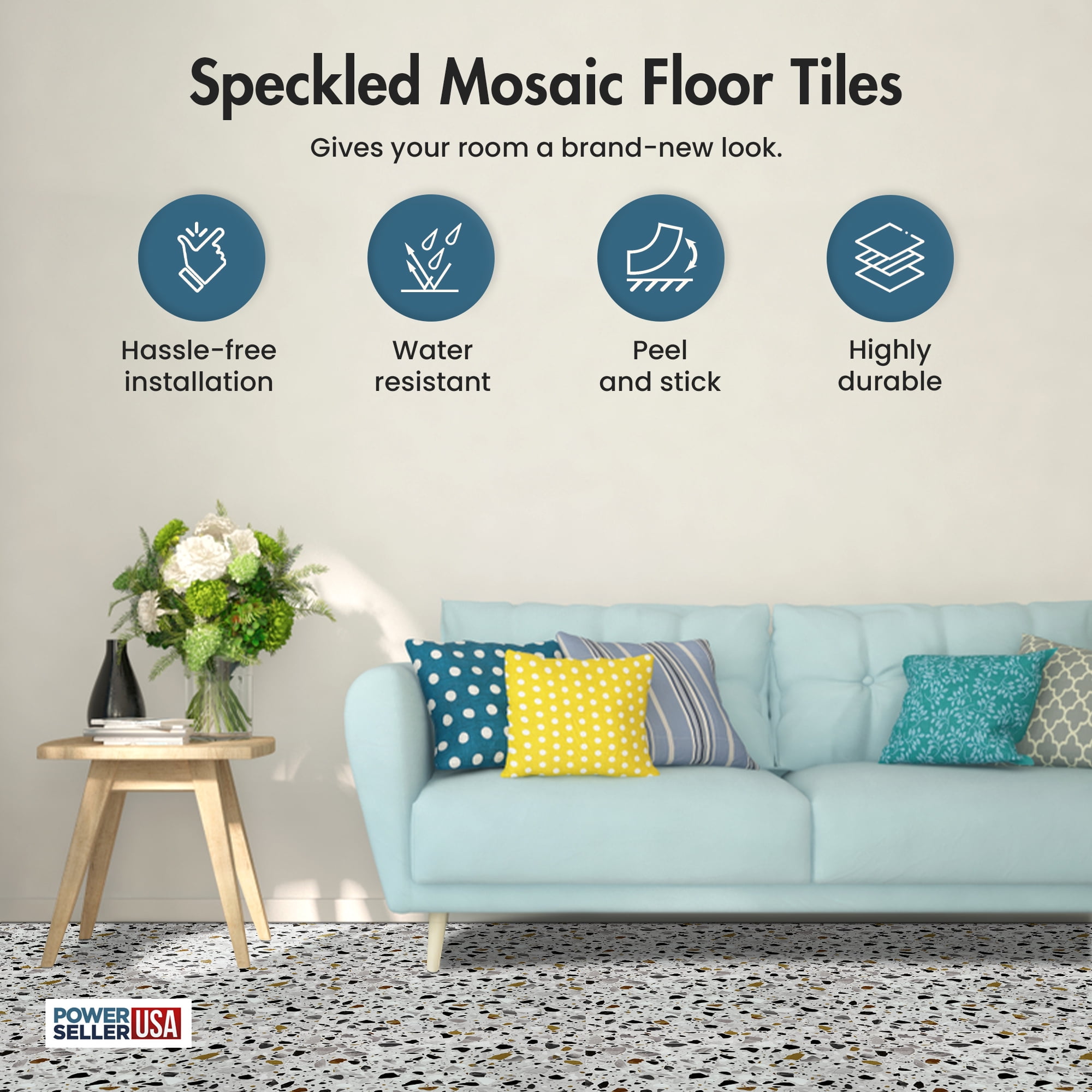 PowerSellerUSA Vinyl Self Adhesive Floor Tiles, 20 Pcs 12 x 12 inches Contemporary Mosaic Pattern Peel and Stick Floor Tile Stickers, Square Flooring Tiles for Kitchen, Bedroom, and Bathroom
