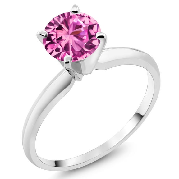 Gem Stone King 14K White Gold Pink Created Sapphire Solitaire Engagement 4-Prong Ring for Women | 1.00 Cttw | Round 6MM | Gemstone September Birthstone (Size 7)