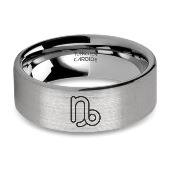 Capricorn Zodiac Water Goat Symbol Silver Tungsten Ring, Brushed, 8mm, Size 15