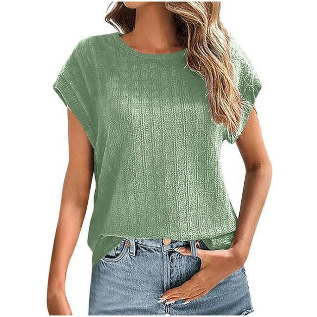 Camisas de Manga Corta para las Mujeres Casual, Moda Cuello Redondo Color Sólido, Blusas de Verano para las Mujeres