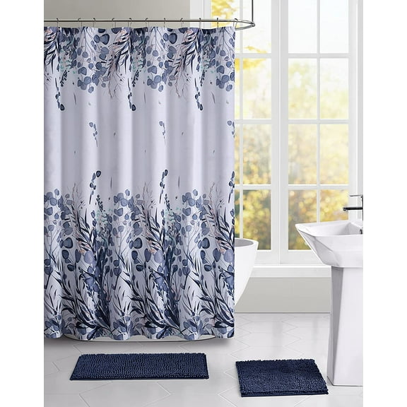 Serafina Home Floral Boho Shower Curtain for Bathroom: Free Spirit Botanical Design, Indigo Navy Blue White
