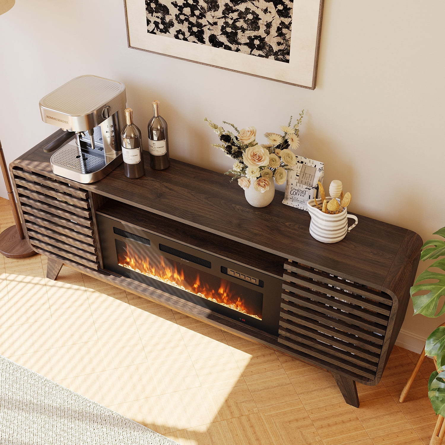 Sonegra Fireplace TV Stand with 36" Electric Fireplace, Mid Century Modern Entertainment Center with Led Lights for 80" TVs , Wood Media Console with Slatted Sliding Doors for Living Room, Brown