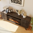 thumbnail image 4 of Sonegra Fireplace TV Stand with 36" Electric Fireplace, Mid Century Modern Entertainment Center with Led Lights for 80" TVs , Wood Media Console with Slatted Sliding Doors for Living Room, Brown, 4 of 8