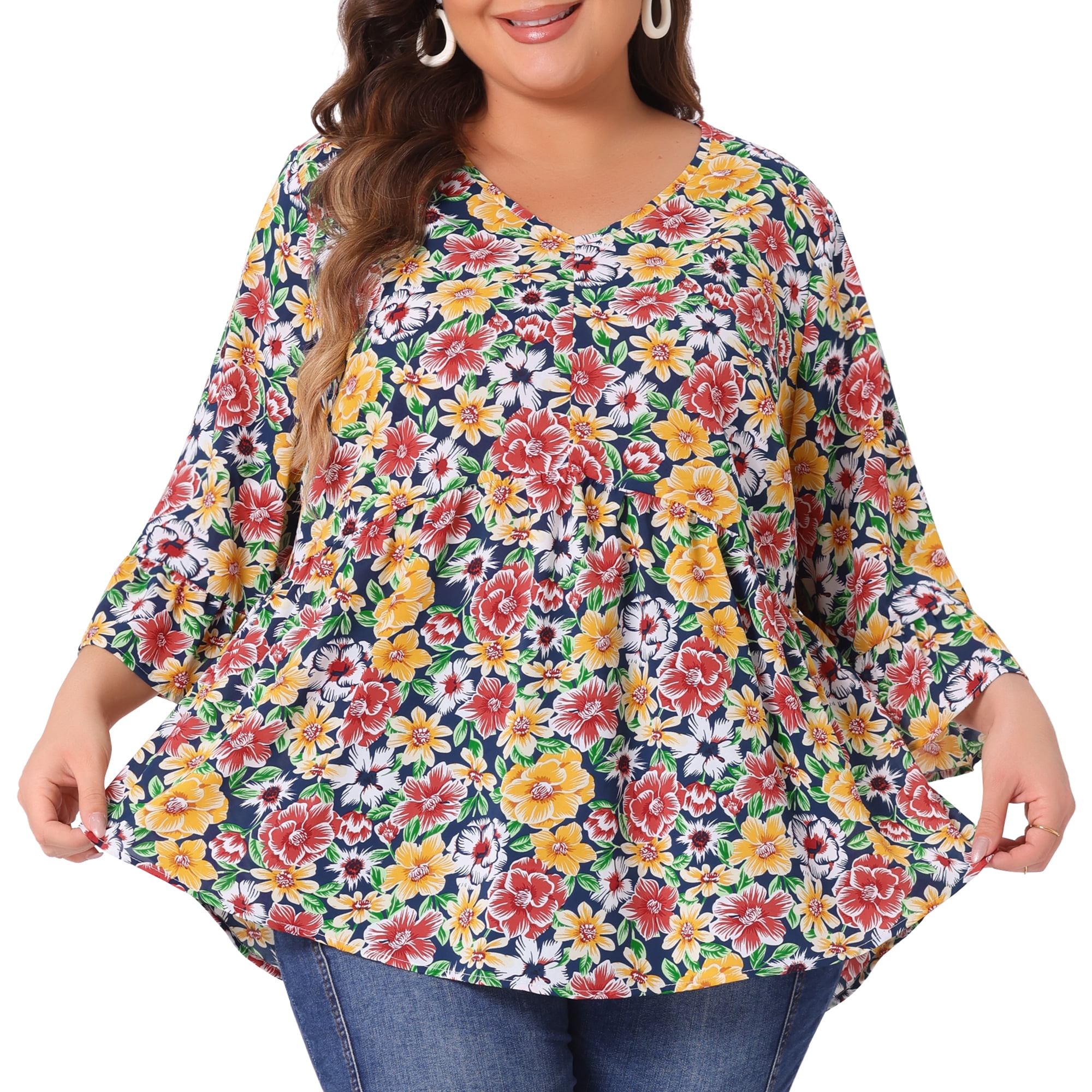 Women's Plus Floral Blouses V Neck Ruffle 3/4 Sleeve Babydoll Peplum Tops 3X Yellow