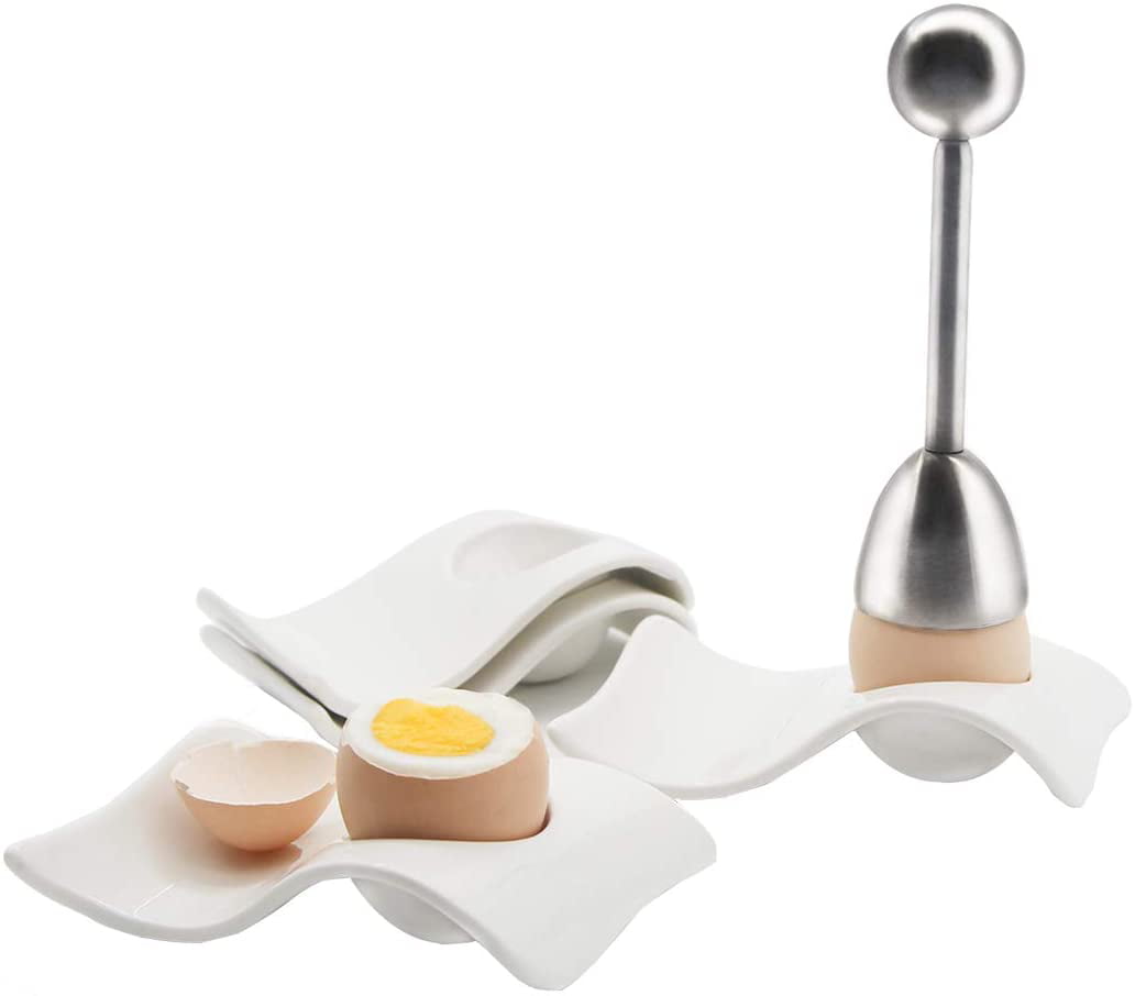 Egg Cup for Soft Boiled Eggs,4pcs Set Ceramic Egg Holder Cups with Stainless Steel Egg Shell Cracker Topper Square 