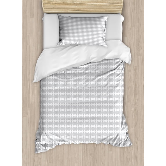 Grey Geometric Duvet Cover Set Twin Size, Mosaic of Pastel Rhombus Shapes Diamond Motifs Modern and Abstract, Decorative 2 Piece Bedding Set with 1 Pillow Sham, Pale Grey and White, by Ambesonne