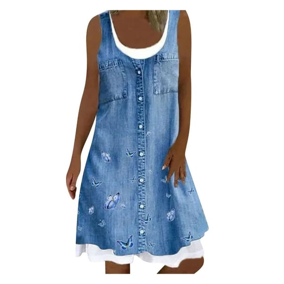 JDEFEG Womens Plus Size Dress Short U-Neck Ladies Loose Summer Dress Printed A-Line Sleeveless Casual Women's Dress Dress Shelf Bra Chiffon Light Blue Xxl