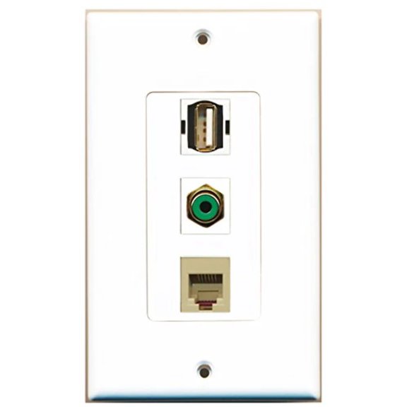 RiteAV - 1 Port RCA Green and 1 Port USB A-A and 1 Port Phone RJ11 RJ12 Beige Decorative Wall Plate Decorative