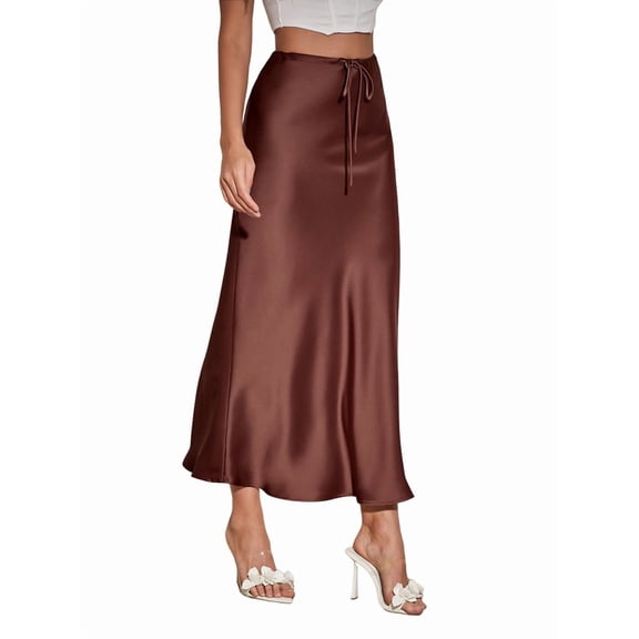 Skirt for Women Elegant High Waisted A Line Satin Skirts Midi Bodycon Skirt Chocolate Color S