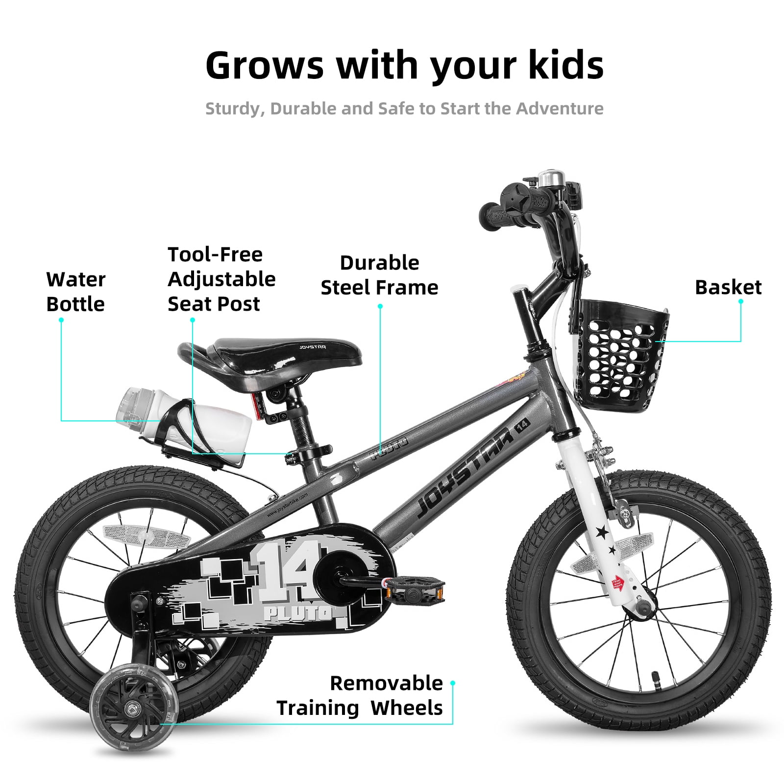 JOYSTAR Pluto Kids Bike with Training Wheels for 12 inch Bike, Gray