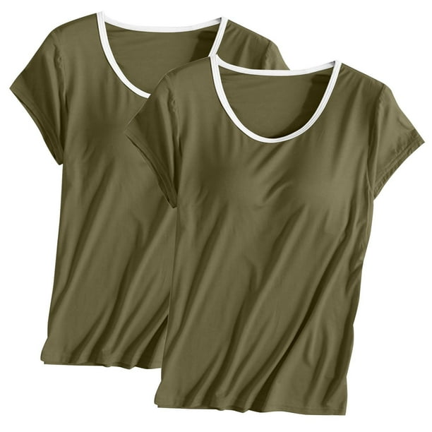 Pijama de manga corta para mujer, 2 piezas, color liso, cuello redondo, manga corta, con copa acolchada, ropa de casa, pijama de manga corta, pijama de modal para mujer.