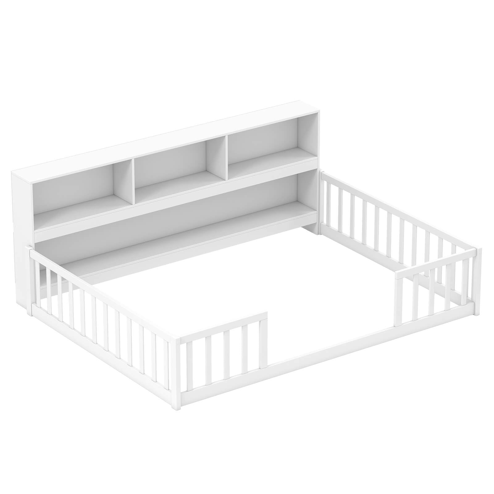Costway Full Size Montessori Floor Bed with Bookcase Storage Shelves & Safety Fence Rails White