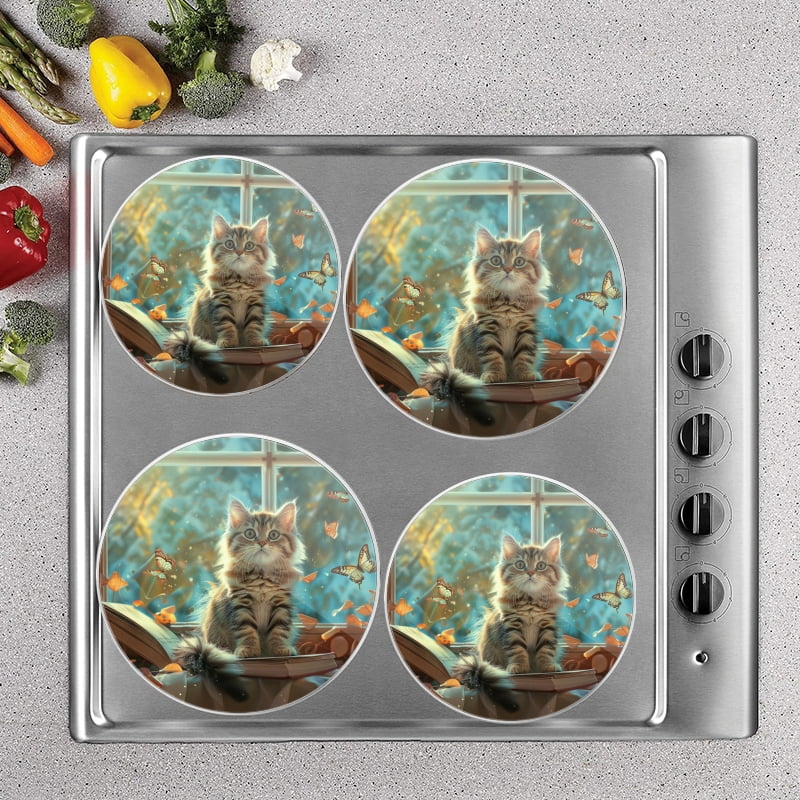 BaHomeck Electric Stove Burner Covers Set of 4,Round Metal Gas Stove Burner Covers 8 Inch and 10 Inch,Kitchen Decor,Cute Cat Sits On The Table Next To Open Book