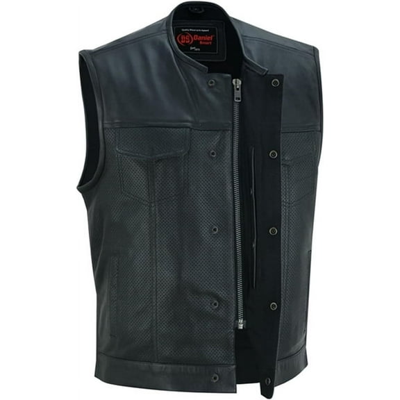 Daniel Smart S to 8XL Men leather Vest Cowhide Motorcycle Leather Vest with Black Collarless Design