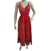 Mogul Womens Beach Dress Red Floral Printed Bohemian Cotton Maxi Dresses
