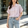 thumbnail image 2 of BODOAO Women's Striped Button Down Shirt, Oversized Short Sleeve Collared Blouse with Chest Pocket, Cuffed Sleeves, Drop Shoulders and Curved High Low Hem for Summer Office Wear Pink M, 2 of 5
