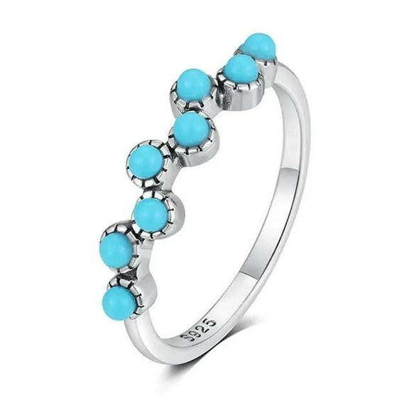 Round Cabochon Lab-Created Turquoise Half Eternity Bezel-Set Wedding Band Ring in 925 Sterling Silver – Elegant Jewelry for Women