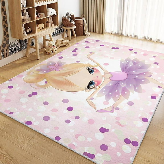 Living Room Area Rugs, Cartoon Ballerina Girl Printed Carpet, Purple Washable Rectangle Rug, Soft Low-Pile Carpet For Bedroom Dining Room Non-Slip Rug