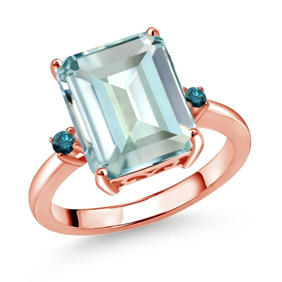 Gem Stone King 18K Rose Gold Plated Silver 12X10MM Sky Blue Simulated Aquamarine and 2MM Blue Diamond 3 Stone Engagement Ring for Women | 5.48 Cttw | Gemstone March Birthstone | Size 7