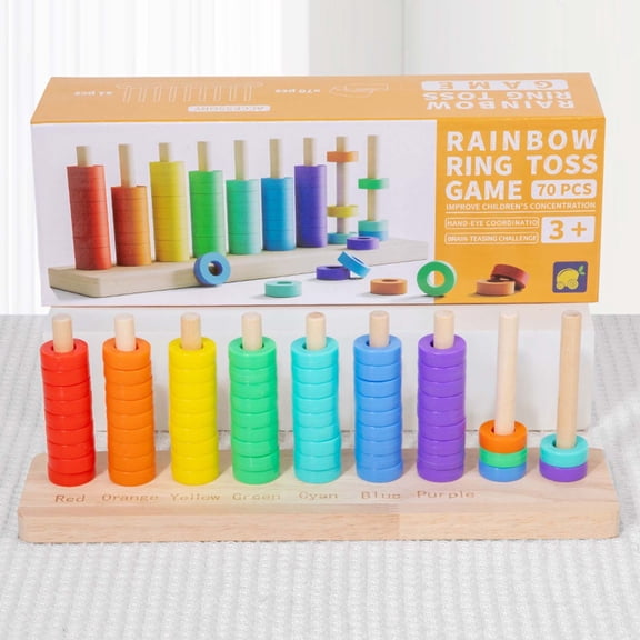 syligr 70PCS Rainbow Ring Toss Game, Wooden Counting Toy for Toddlers, Montessori Educational Toy for Boys Girls Age 3 , Color Recognition & Math Learning for Preschool, Christmas Birthday Gift