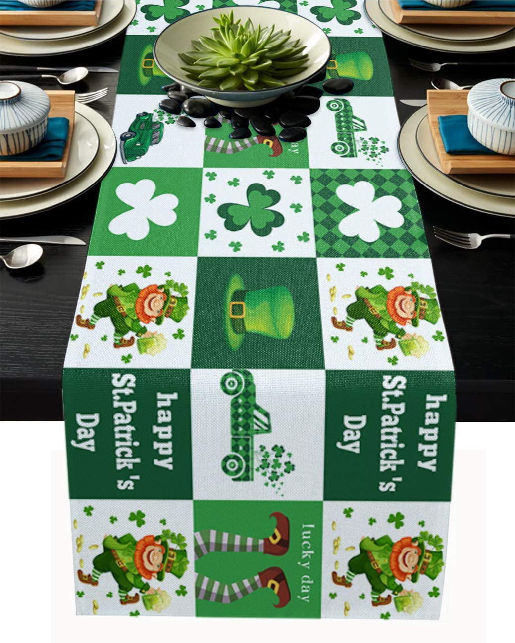 Happy St Patricks Day Gnomes Shamrock Lucky Placemats Set of 4 Cotton Line Fabric Heat Resistant Table Mats Non-Slip Washable Decoration for Home Kitchen Dining Wedding Holiday Party,Green White