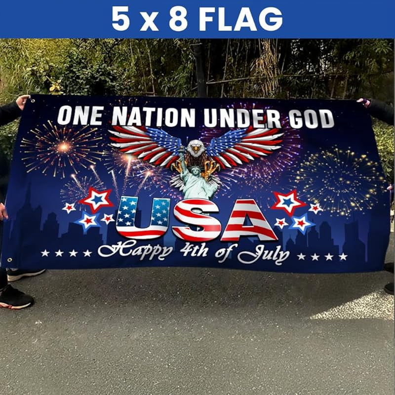 One Nation Under God 4th of July Patriotic Flag Grommet Flags 5x8 Double Sided US America Eagle Outdoor Garden Banner Decoration