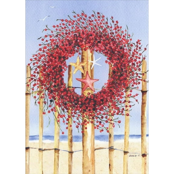 LPG Greetings Red Wreath and Star Fish on Fence Barb Tourtillotte Warm Weather Holiday Card (1 card/1 envelope)
