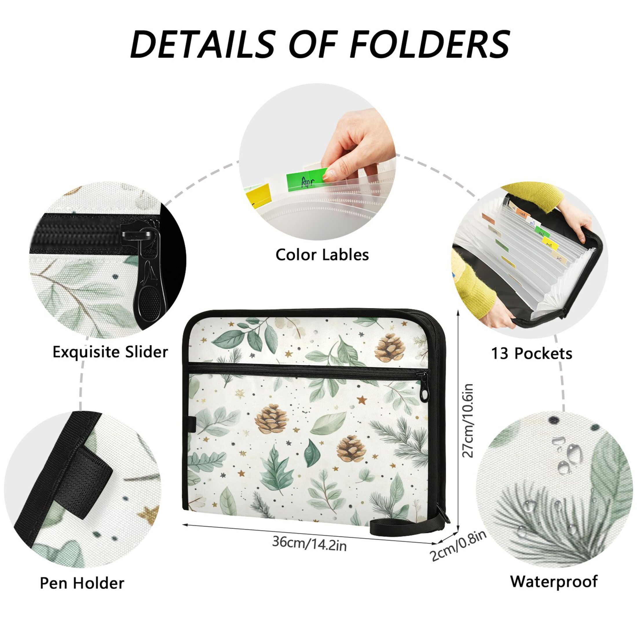 Accordion File Organizer with Zip Closure 13 Pockets Expanding File Folder Letter A4 Paper Document Organizer for Home Office Green Leaves and Pine Cones