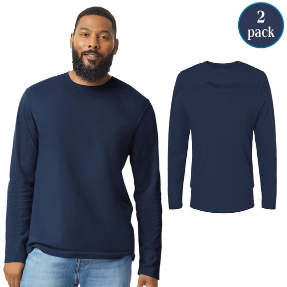 Gildan Adult’s Softstyle Long Sleeve T-Shirt, Rib Collar Casual Navy Tee, 2 Pack, S