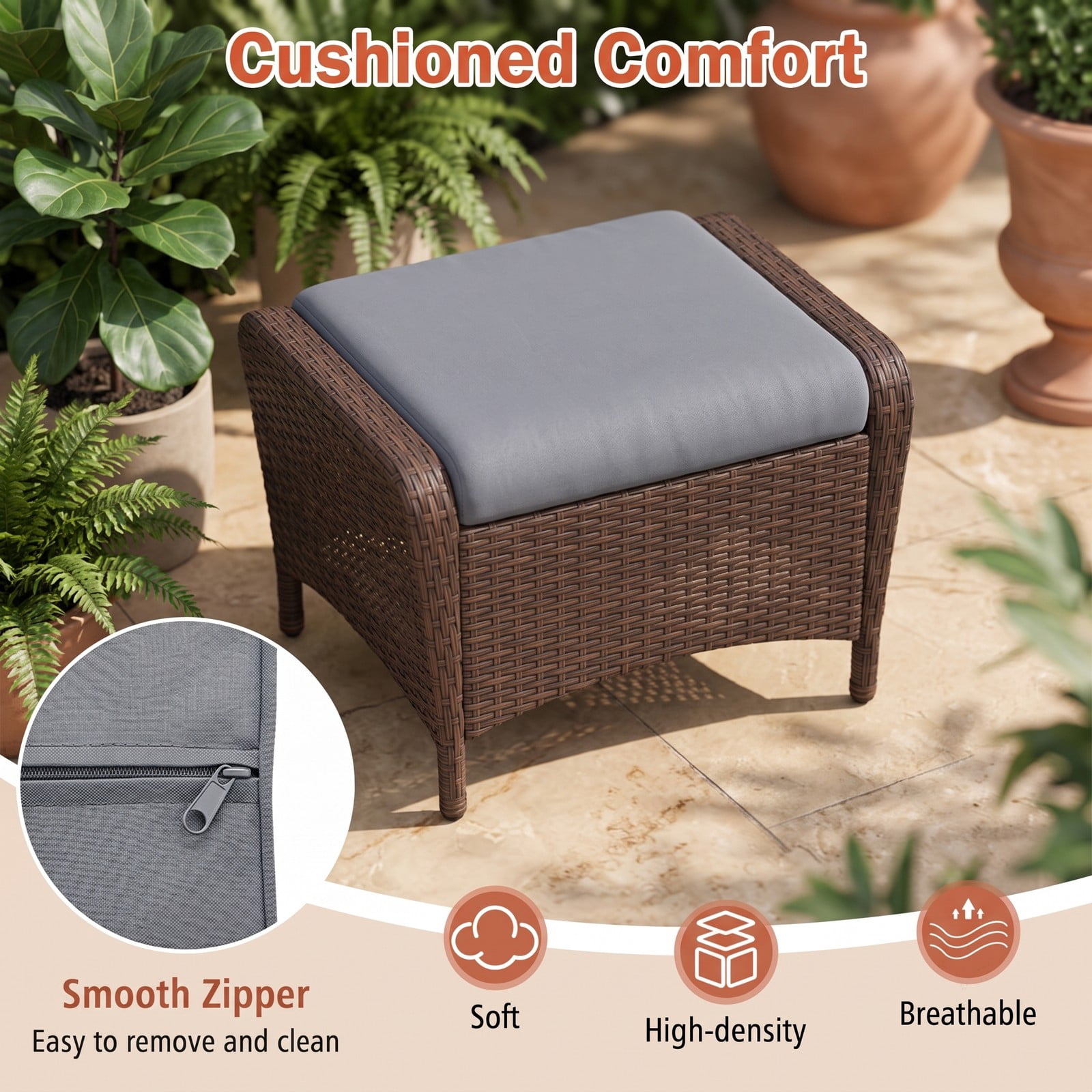 Furnibear Set of 2 Outdoor Patio PE Wicker Ottomans with Removable Cushions, Hand-Woven Rattan Footrest Extra Seat Coffee Table for Garden Porch Backyard, 400, Gray