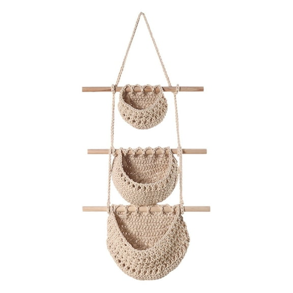 Hanging Wall Basket Snack Tray Wall Planter Holder Multipurpose Container Woven Hanging Fruit Baskets Hanging Basket for Storage Garlic Wall 3 Tire Khaki