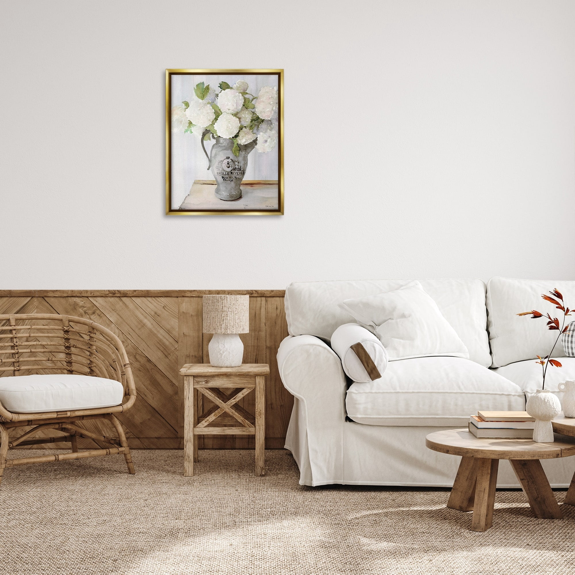Stupell Industries White Hydrangea in French Country Pitcher Still Life Metallic Gold Framed Floating Canvas Wall Art, 24x30, by Stellar Design Studio