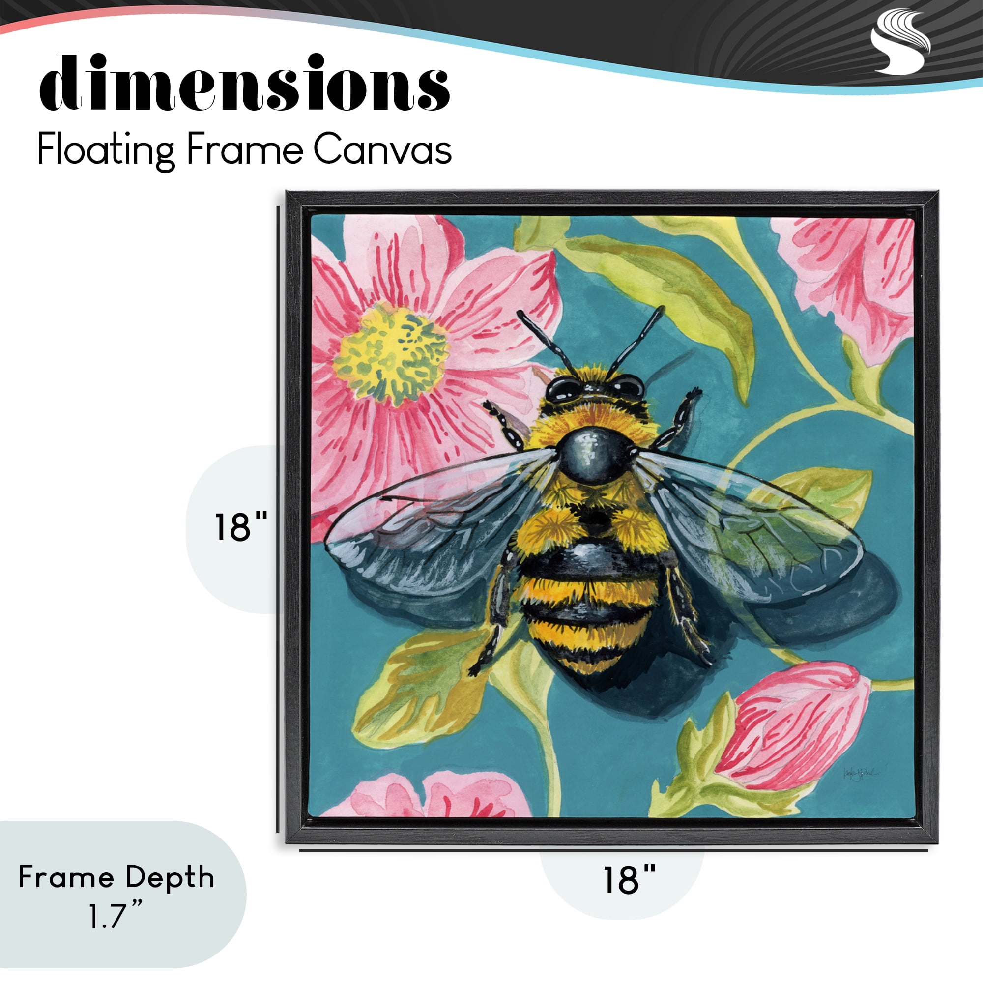 Stupell Industries Fuzzy Bee On Floral Pattern Black Framed Floater Canvas Wall Art, design by Kate Jarvik Birch