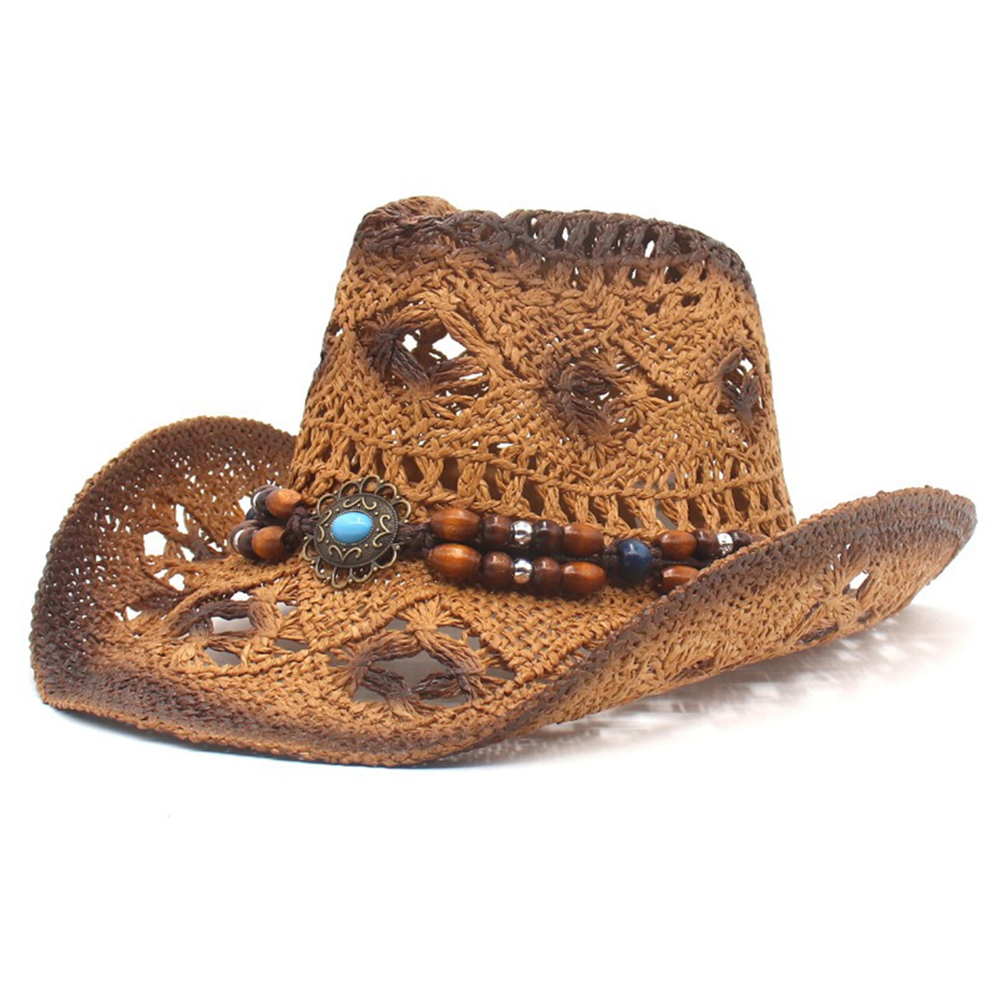 Cowboy Hat for Adults Summer Creative Curled Straw Hollow Design Ethnic  Style Beads Chain Decoration Lace Shade Straw Hat - Walmart.com