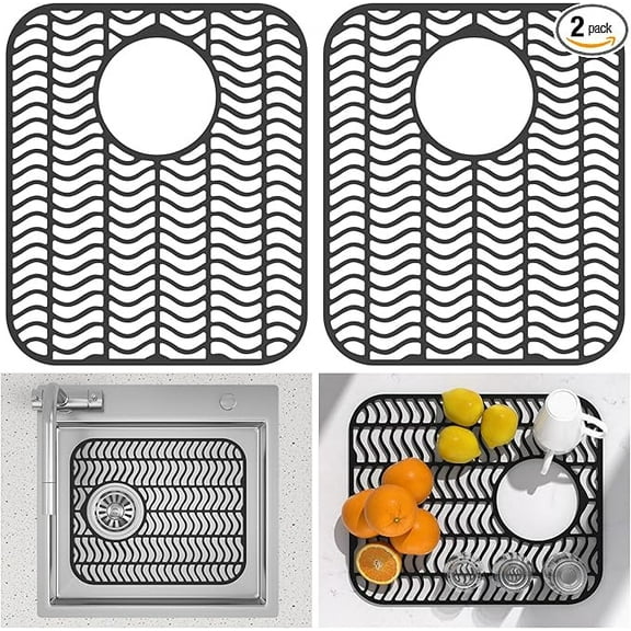 Ikoopy 2Pcs Sink Protector Mat Nonslip Kitchen Sink Mat Flexible Silicone Drain Pad Silicone Pad with Drain Hole Dishwasher Safe for Kitchen Tableware Dishes