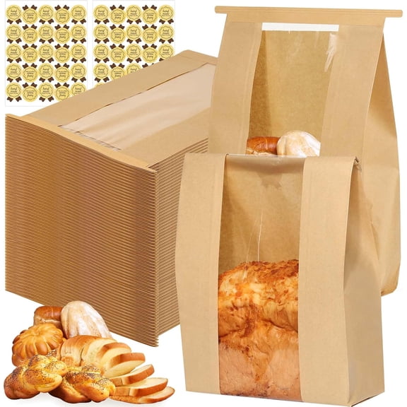 Bread Bags with Tin Tie Tab Lock, 70 Pack Large Kraft Paper Sour Dough Bag for Homemade Bread Sourdough Bags 14" x 8.3" x 3.5" for Treat Packaging Storage Gift Giving with 75 Pcs Seal Sticker
