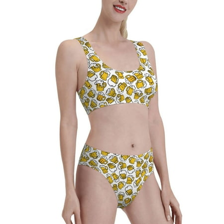 Uemuo Beer Printed Women s High Waisted Bikini Sets Sporty Two Piece Swimsuits Color Block Cheeky High Cut Bathing Suits-X-Large