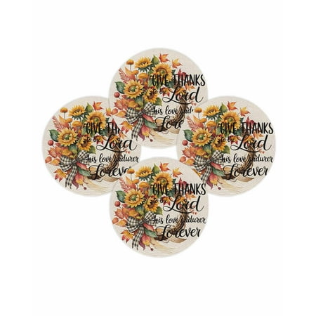 Fall Round Placemats Set of 4 Sunflower Bow Wreath Place Mats Thanksgiving Woven Placemat Autumn Maple Leaves Linen Circle Braided Table Mat for Kitchen Dining Table Autumn Party Home Decor 15 Inch