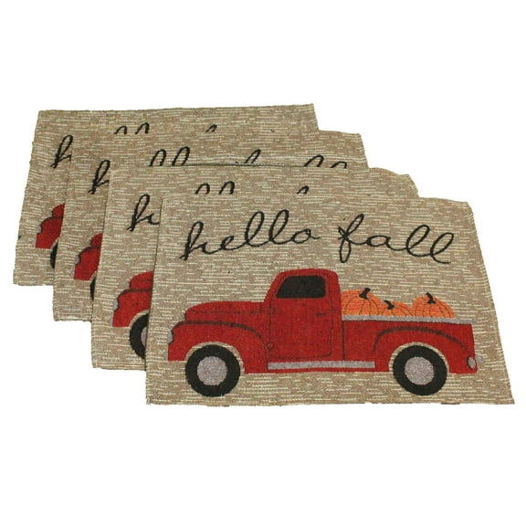 4 pc Hello Fall Placemats - Vintage Truck Fall Kitchen Decor Set - Comes in an Organza Bag so It's Ready for Giving!