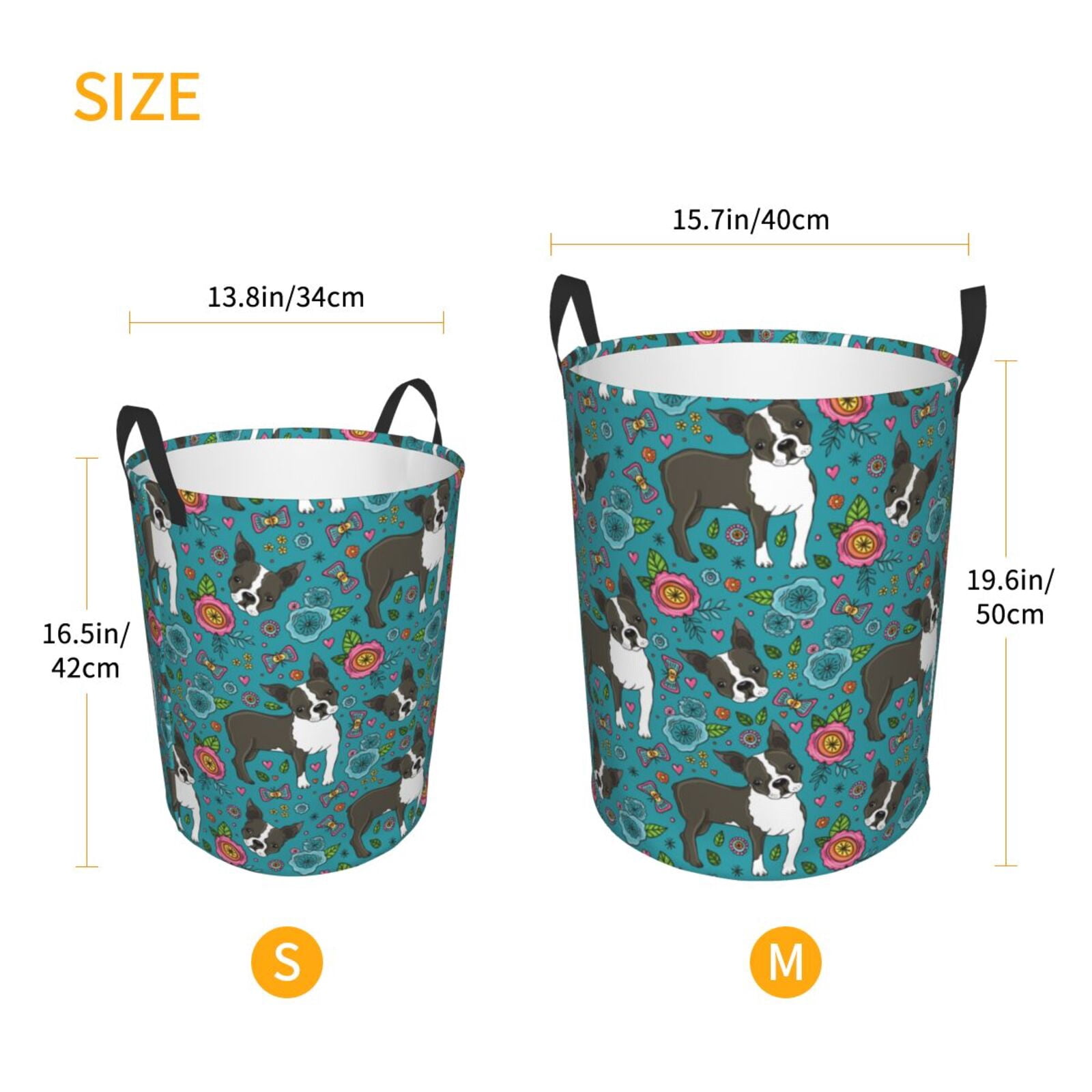 Large Laundry Basket with Handles - Boston terrier flowers green cute Kids Baby Dirty Clothes Laundry Hamper for Bedroom Aesthetic