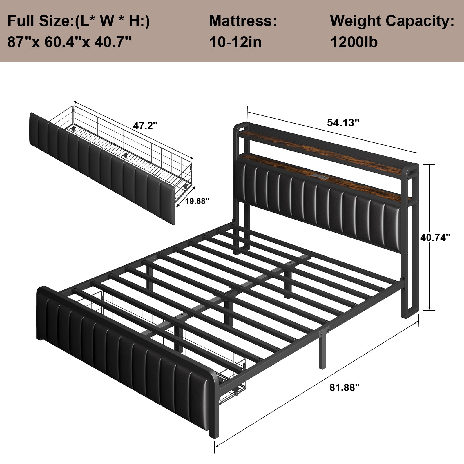 Full Size Bed Frame with LED Headboard, Metal Platform Bed with Storage Drawer, No Box Spring Needed