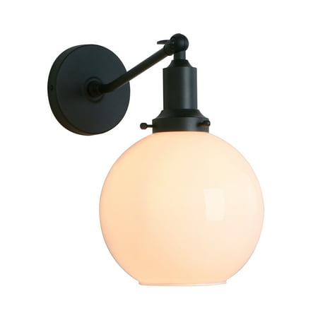 

Permo Industrial Vintage Slope Pole Wall Mount Single Sconce with 7.9 Globe Round Milk White Glass Shade Wall Sconce Light Lamp Fixture (Black)