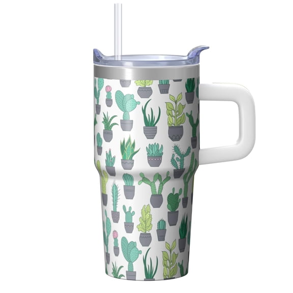 Insulated 20oz Tumbler for Hot and Cold Drinks, Handle and Straw Included, Stylish Plant Themed Stainless Steel Cup