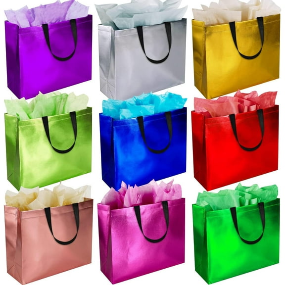 9 Pcs Large Gift Bags with Tissues - 13'' Reusable Non-Woven Gift Goodie Bags with Metallic Shiny - Party Favor Bags Tote Bags for Wedding, Birthday, Christmas