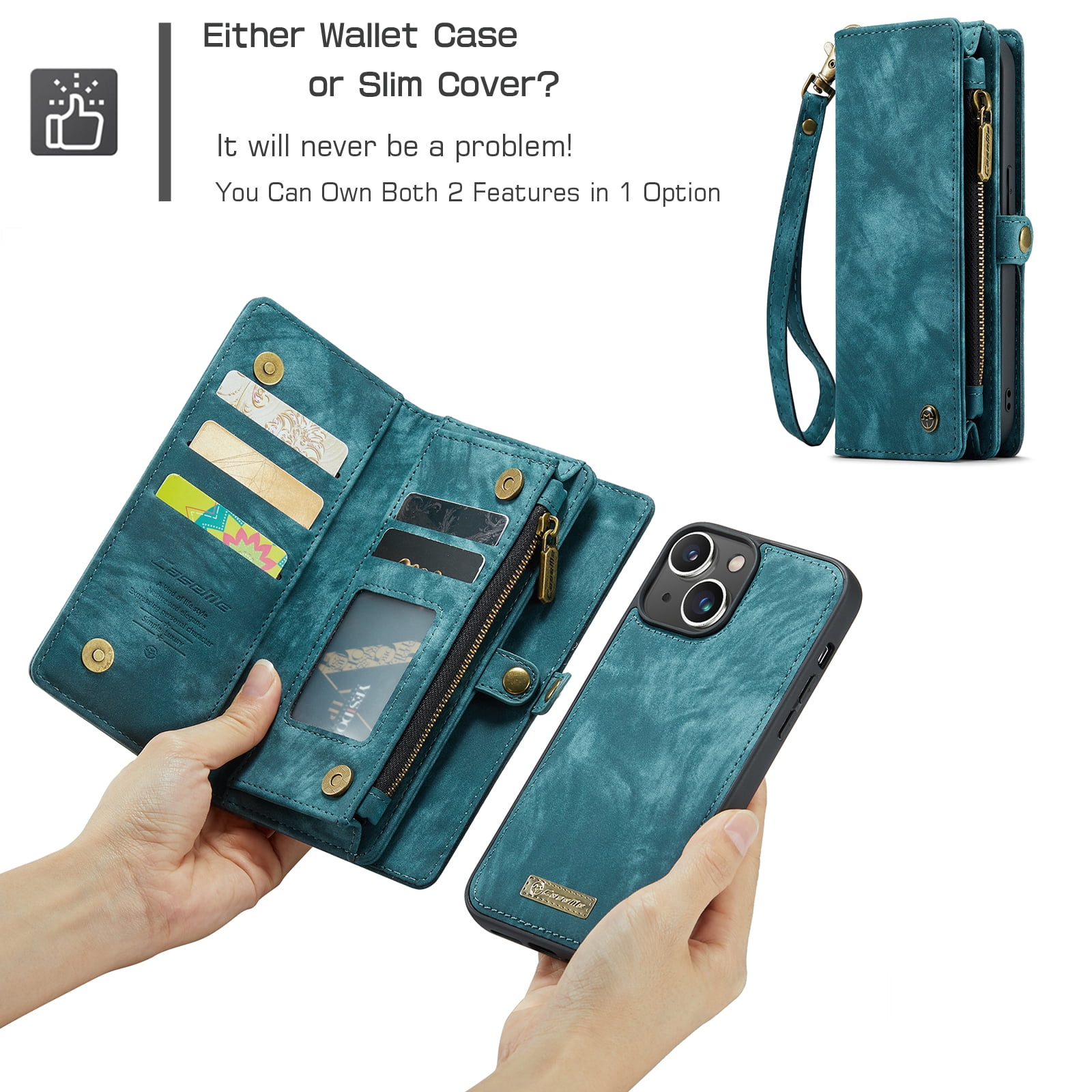 Feishell Durable 2-In-1 Magnetic Detachable Wallet Case for iPhone 13,for Women Men,Premium PU Leather Zipper Pocket Flip Multi Card Slots Purse Phone Case with Wrist Strap,Green