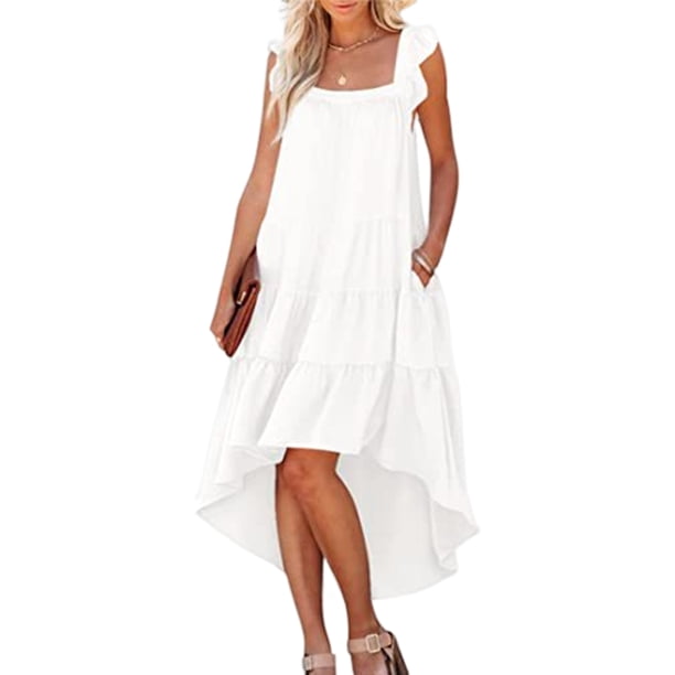 Vestido Largo Con Volantes Vestido casual de mujer Vestido de verano de algodón de corte bajo Vacaciones de vacaciones (Blanco S) Cgtredaw Para estrenar